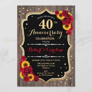 Invitation 40e anniversaire - Roses rouges tournesols bois