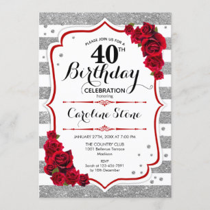 Invitation 40e anniversaire - Rouge argent blanc rayures Rose
