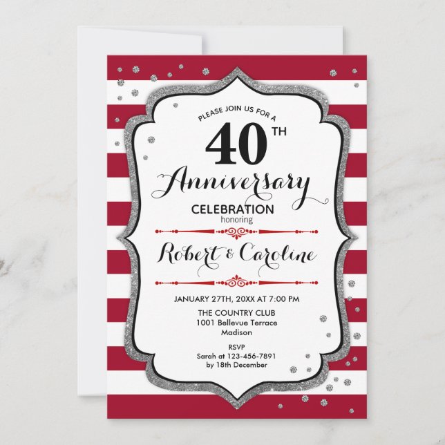 Invitation 40e Anniversaire - Rouge Blanc Argent Ruby (Devant)