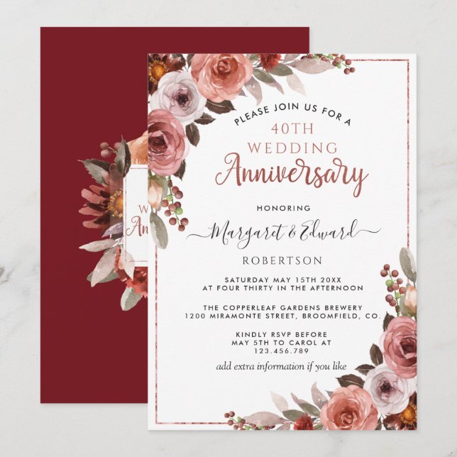 Invitation 40e Anniversaire Rouge Rubis, Blush Rose Doré Flor (Devant / Derrière)