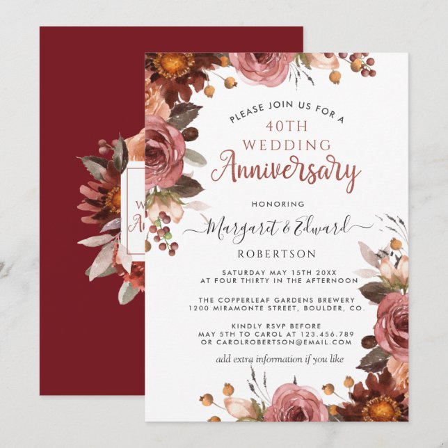 Invitation 40e Anniversaire Rouge Rubis, Floral Bouquet Burgu (Devant / Derrière)