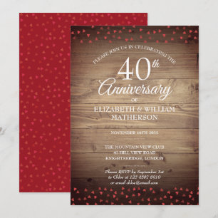 Invitation 40e Anniversaire Rubis Amour Cœurs Bois Rustique