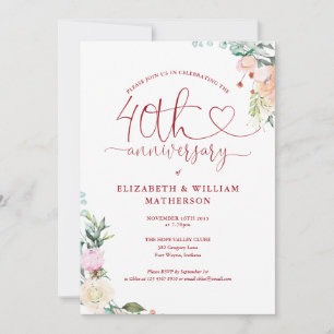 Invitation 40e anniversaire Ruby Heart Floral Monogramme