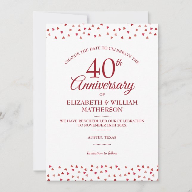Invitation 40e anniversaire Ruby Hearts Change la date (Devant)