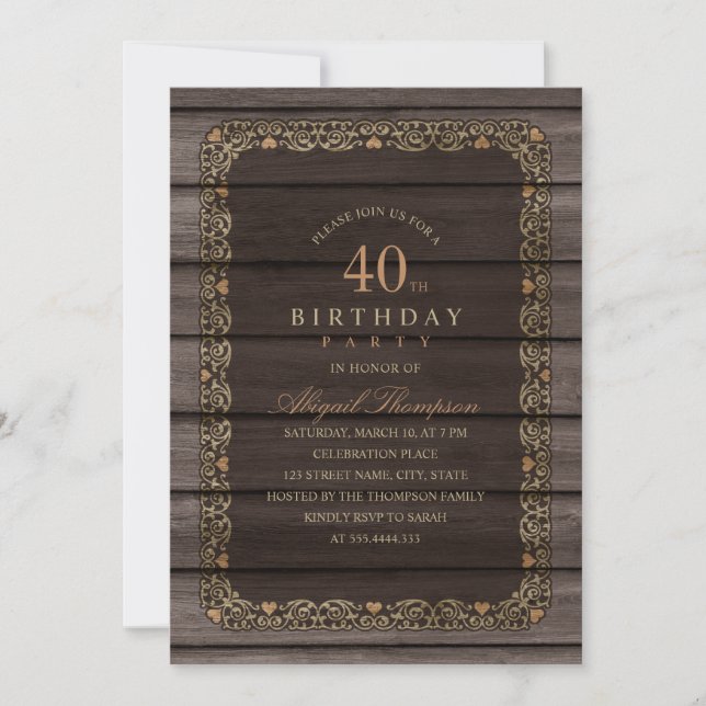 Invitation 40e anniversaire Rustic Wood Fancy Country Party (Devant)
