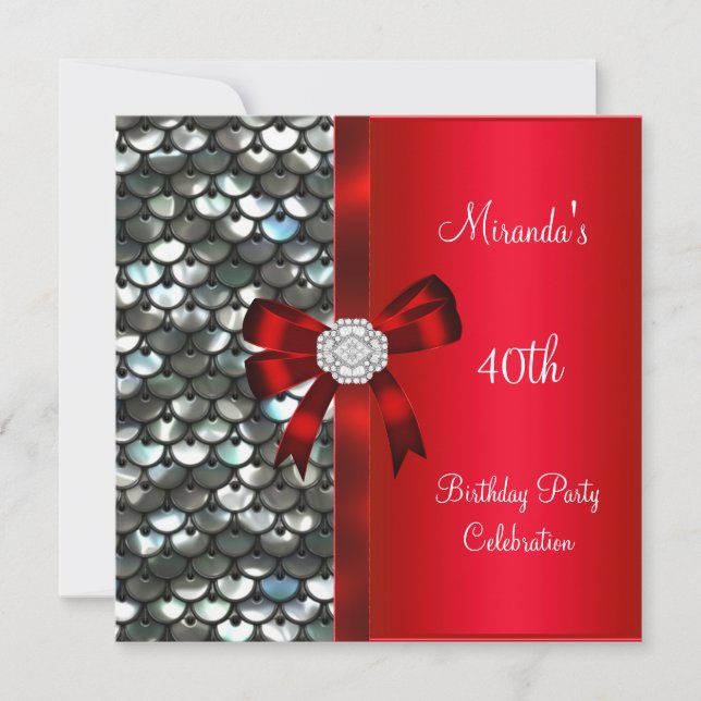 Invitation 40e anniversaire Séquins d'argent Bow diamant roug (Devant)
