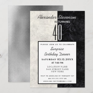 Invitation 40e anniversaire Simple Noir et Marbre blanc