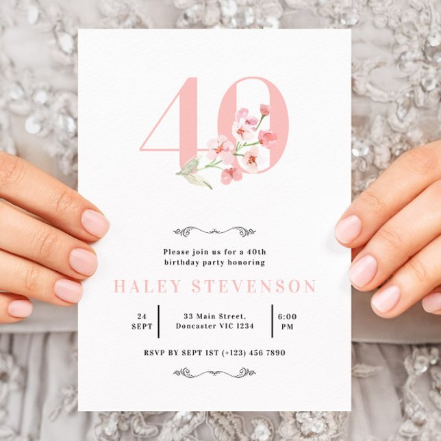 Invitation 40e anniversaire Simple rose & blanc Floral Chic (Créateur téléchargé)