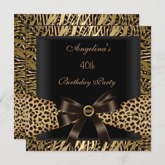 Invitation 40e Anniversaire Soirée Gold Leopard Brown Noir (Devant / Derrière)
