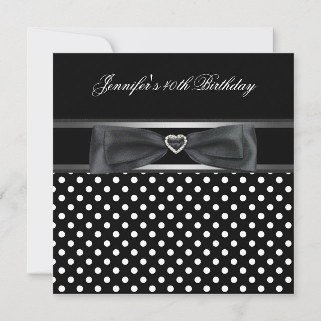 Invitation 40e Anniversaire Soirée Noir Blanc Spot Diamant (Devant)