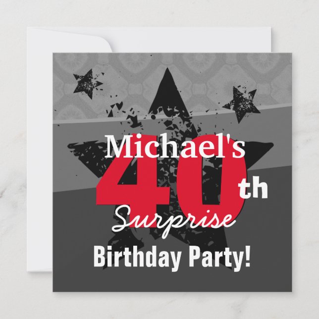 Invitation 40e Anniversaire Surprise Charbon et Red Grunge C4 (Devant)