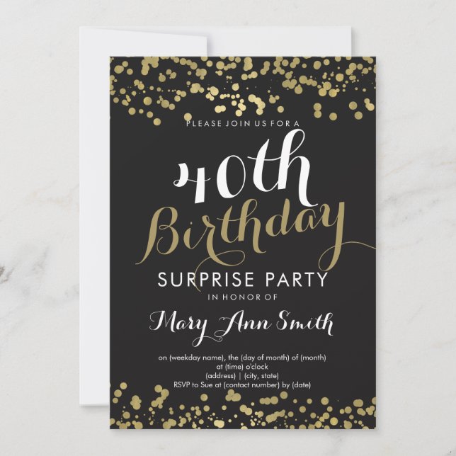 Invitation 40e Anniversaire Surprise Gold Foil Confetti (Devant)