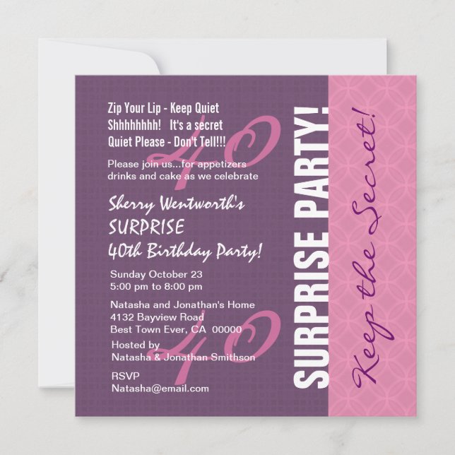 Invitation 40e anniversaire SURPRISE Motif violet et rose (Devant)