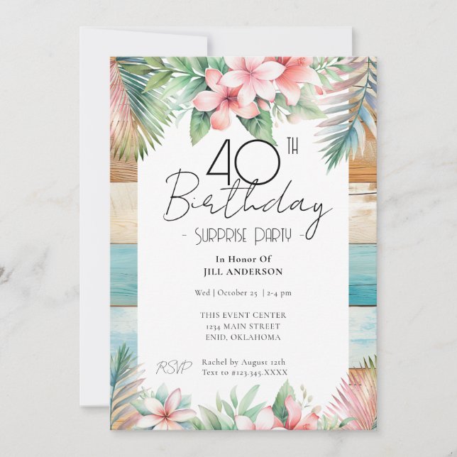 Invitation 40e anniversaire Surprise Party Tropical (Devant)