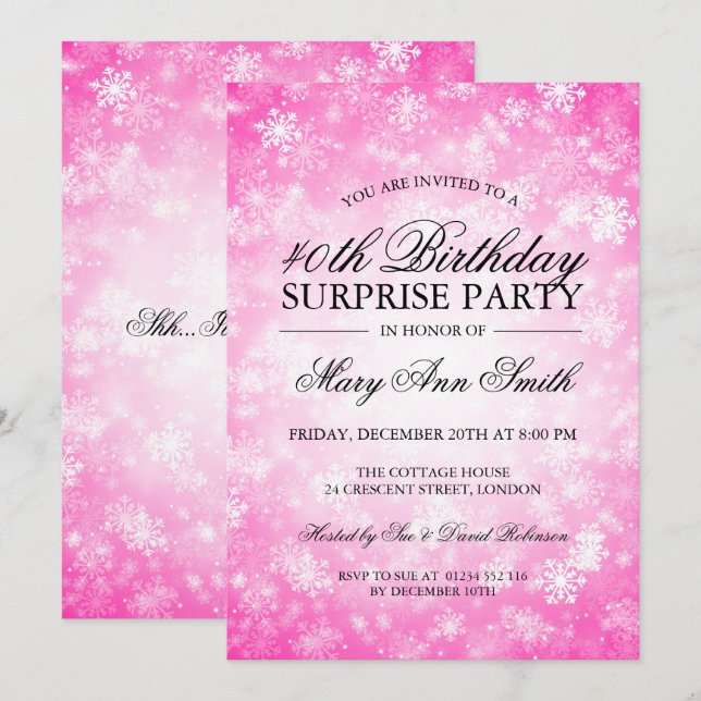 Invitation 40e anniversaire surprise Pink Winter Wonderland (Devant / Derrière)