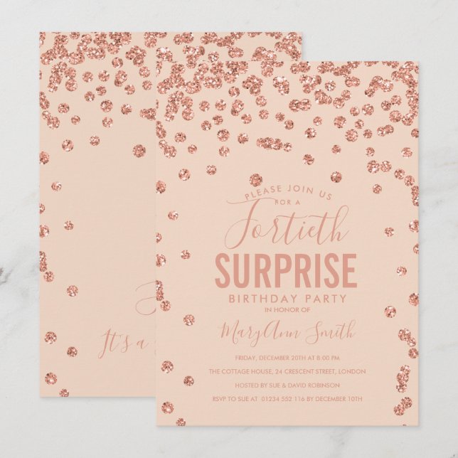 Invitation 40e Anniversaire Surprise Rose Gold Blush Pink (Devant / Derrière)