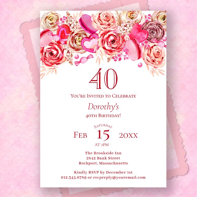 Invitation 40e anniversaire Valentine Rose Rose Coeur Tourbil (Créateur téléchargé)