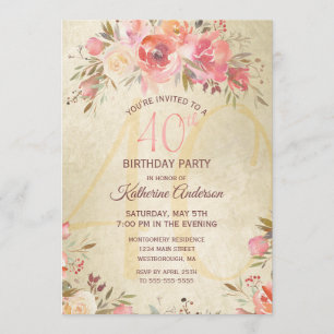 Invitation 40e anniversaire Vintage Floral Roses Gold Party