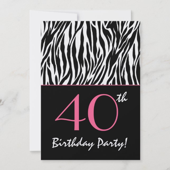 Invitation 40e anniversaire Zebra en noir blanc rose (Devant)