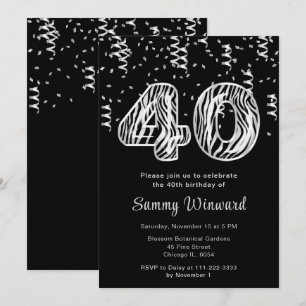 Invitation 40e anniversaire Zebra Imprimé Ballons avec Confet