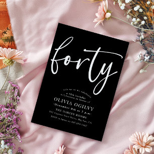 Invitation 40e Blanc sur Noir fête d'anniversaire Script mode