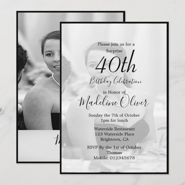Invitation 40e Classy Monogramme noir blanc photo Anniversair (Devant / Derrière)