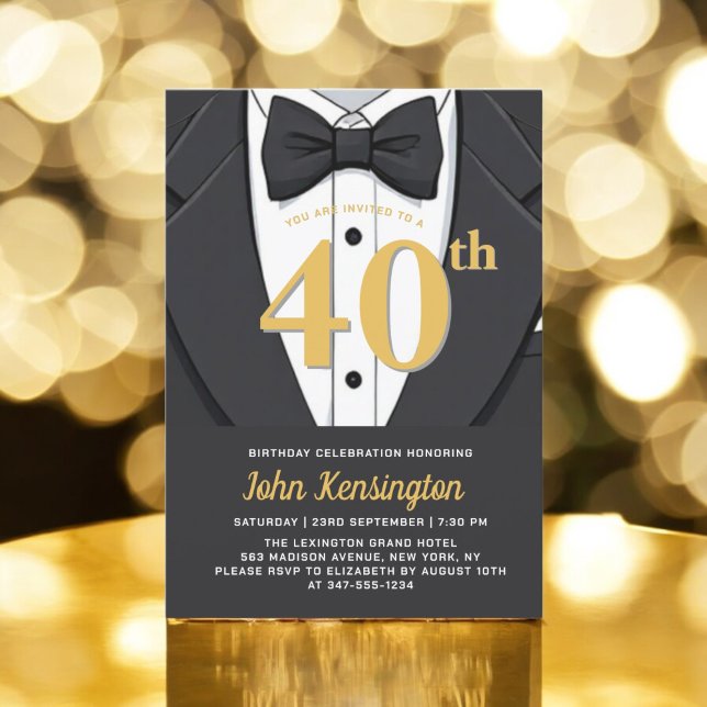 Invitation 40e événement d'anniversaire Black and Gold Tuxedo (Créateur téléchargé)