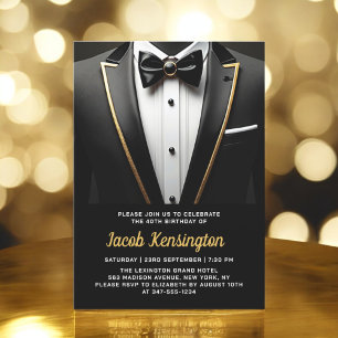 Invitation 40e événement d'anniversaire Black and Gold Tuxedo