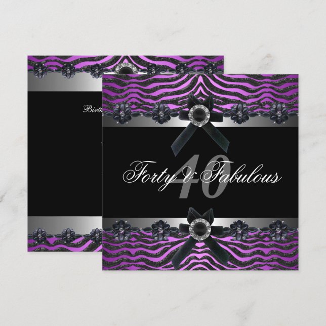 Invitation 40e fête d'anniversaire Argent violet rose noir bl (Devant / Derrière)