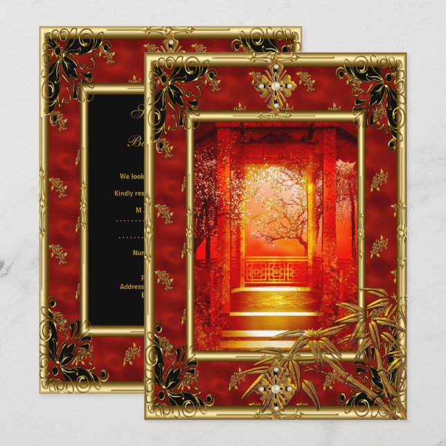 Invitation 40e fête d'anniversaire Asiatique Vue Or Bambou Ro (Devant / Derrière)