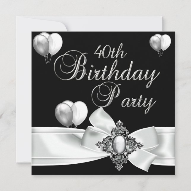 Invitation 40e fête d'anniversaire Ballons d'argent noir blan (Devant)