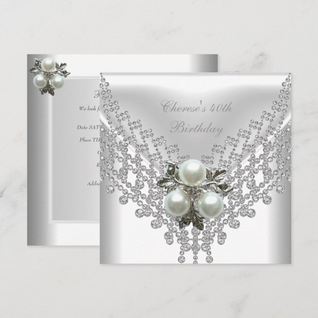 Invitation 40e fête d'anniversaire Bijou de diamant perle bla (Devant / Derrière)