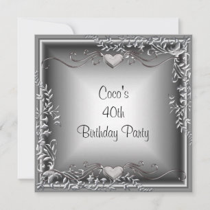 Invitation 40e fête d'anniversaire Black Silver Floral