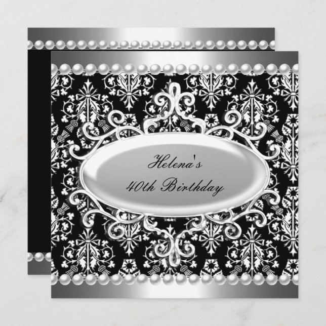 Invitation 40e fête d'anniversaire Black White Damask Pearl (Devant / Derrière)