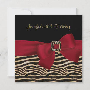 Invitation 40e fête d'anniversaire Black Zebra Stripe Red Bow
