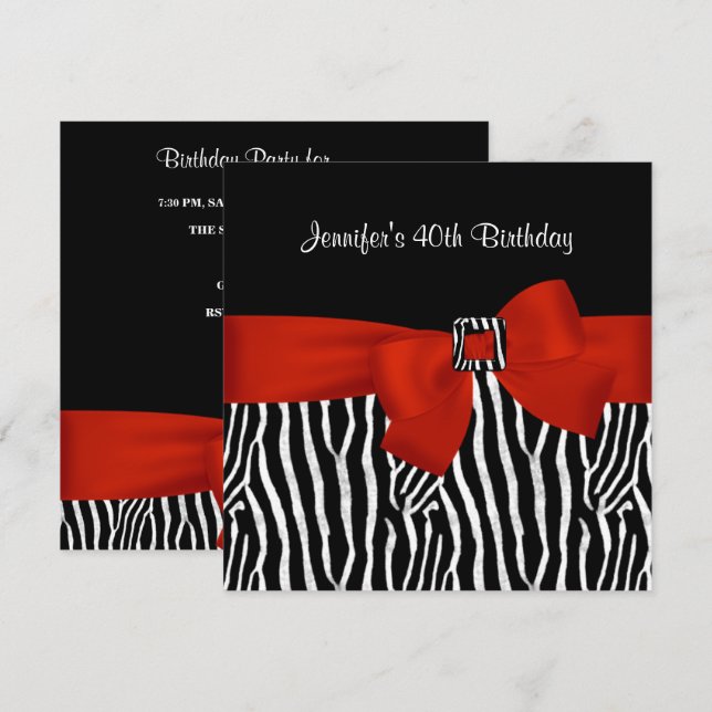 Invitation 40e fête d'anniversaire Black Zebra Stripe Red Bow (Devant / Derrière)