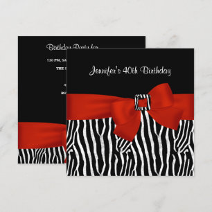 Invitation 40e fête d'anniversaire Black Zebra Stripe Red Bow