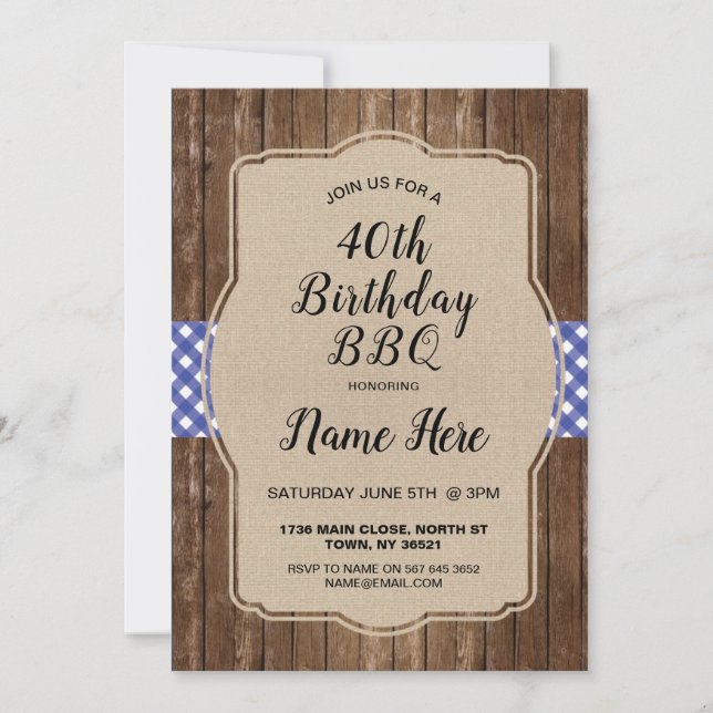 Invitation 40e fête d'anniversaire Blue En vichy Burlap Invit (Devant)