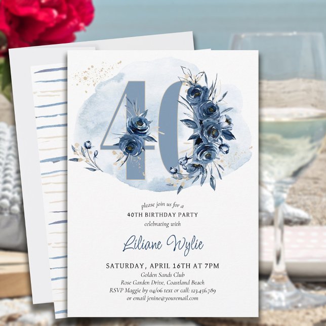 Invitation 40e fête d'anniversaire Côte Bleu Floral Numéro 40 (Créateur téléchargé)