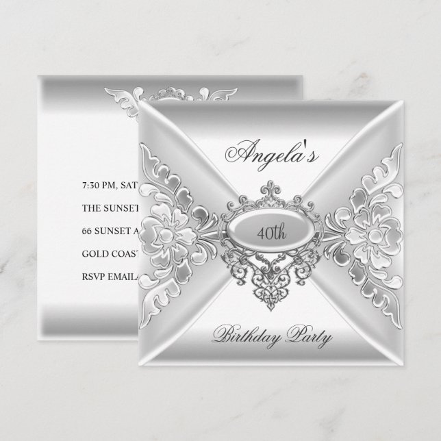 Invitation 40e fête d'anniversaire Elégant bijou blanc argent (Devant / Derrière)