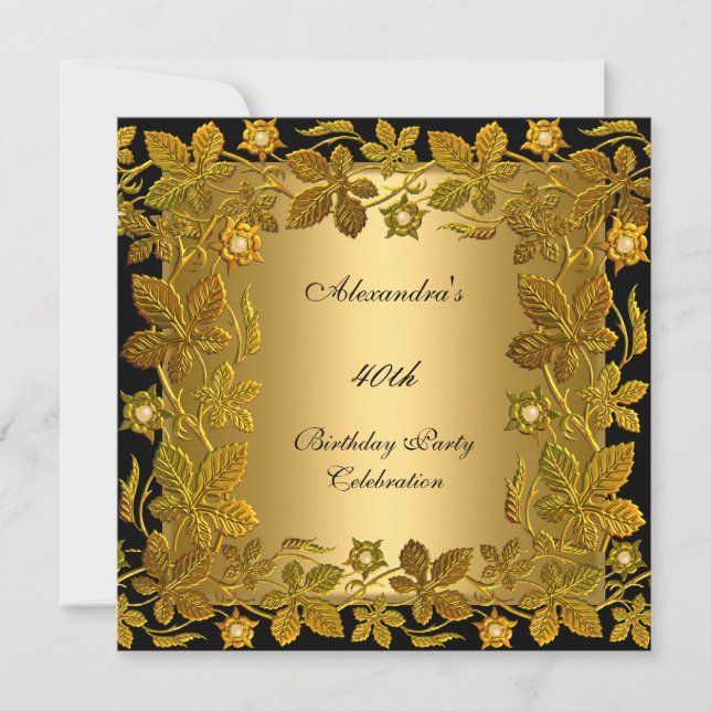 Invitation 40e fête d'anniversaire Gold Black Floral (Devant)