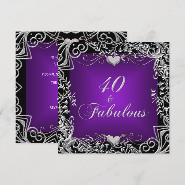 Invitation 40e fête d'anniversaire Noir Argent Profond violet (Devant / Derrière)