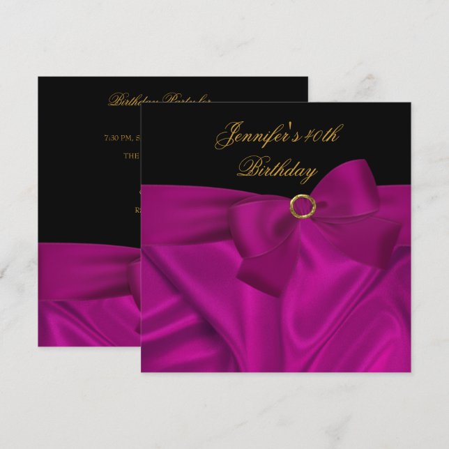 Invitation 40e fête d'anniversaire Noir Plum rose Bow (Devant / Derrière)