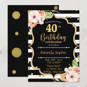 Invitation 40e fête d'anniversaire noire blanche rayure rose
