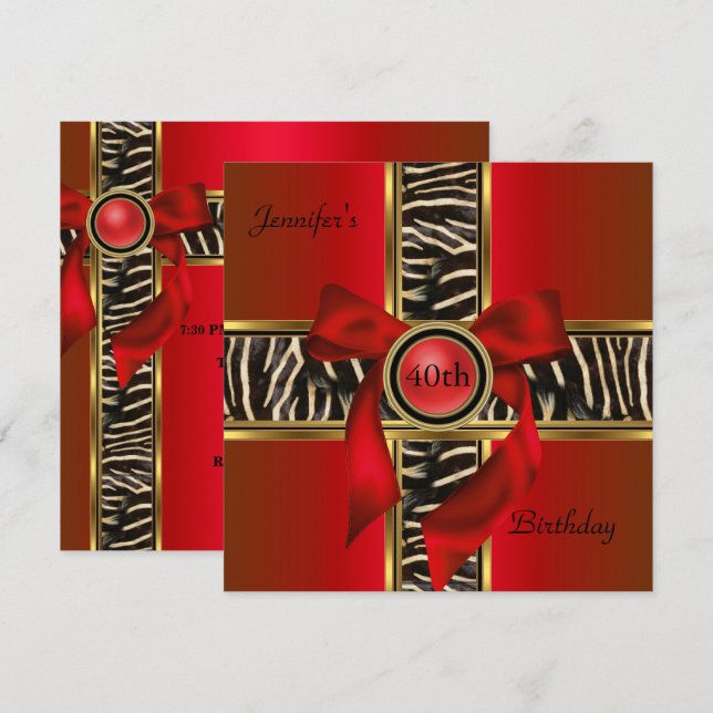 Invitation 40e fête d'anniversaire Red Gold Animal Wild Bow (Devant / Derrière)