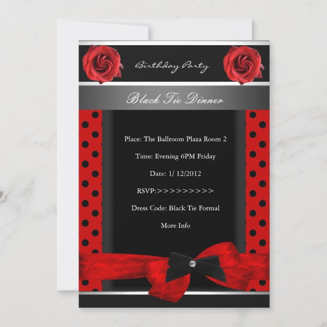Invitation 40e fête d'anniversaire Red Spot Rose Black Cravat (Devant)