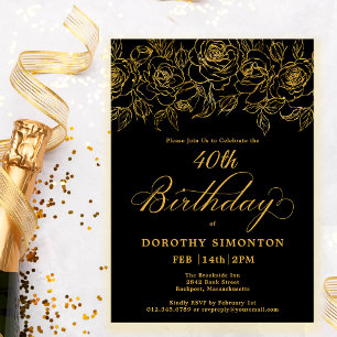 Invitation 40e fête d'anniversaire Rose d'or Floral Black