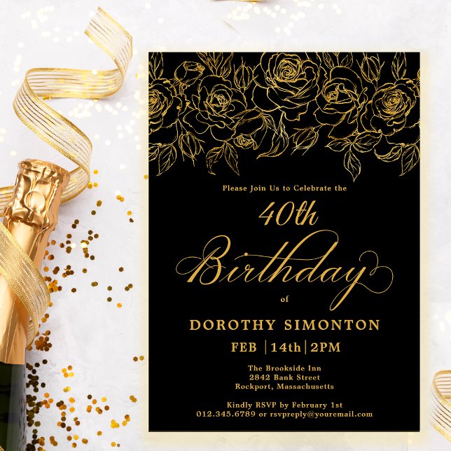 Invitation 40e fête d'anniversaire Rose d'or Floral Black (Créateur téléchargé)