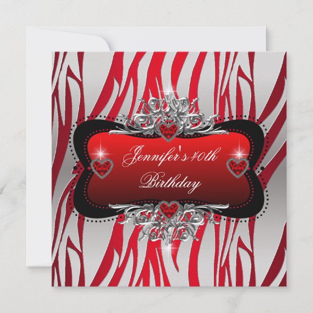 Invitation 40e fête d'anniversaire Rouge Argent Zèbre Noir (Devant)