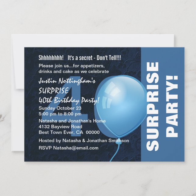 Invitation 40e Fête d'anniversaire SURPRISE Teintes bleues mo (Devant)